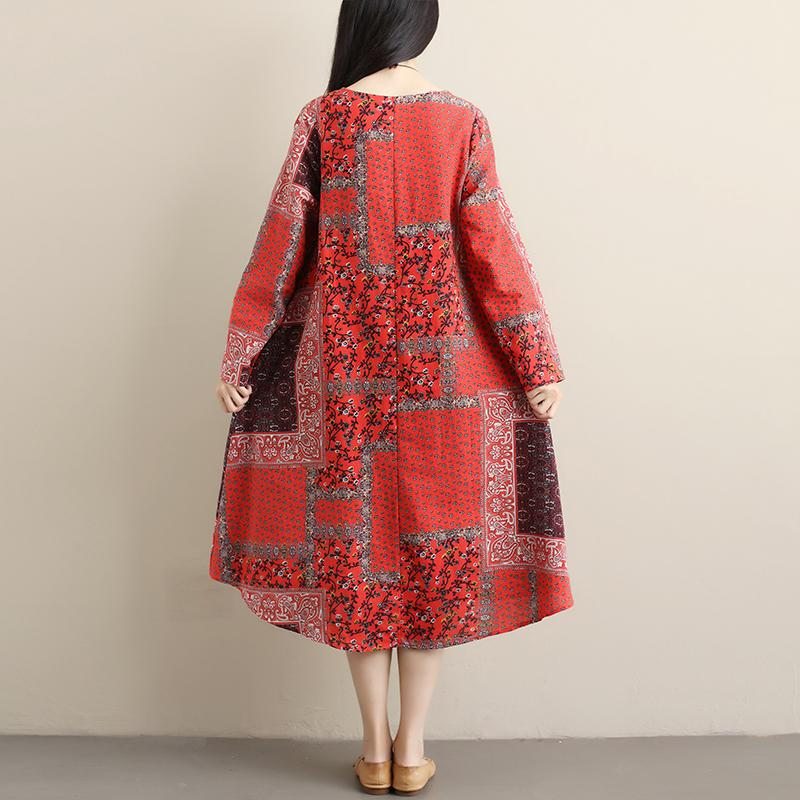 Robe Mi-longue En Lin Imprimé Printemps-automne Pour Femmes