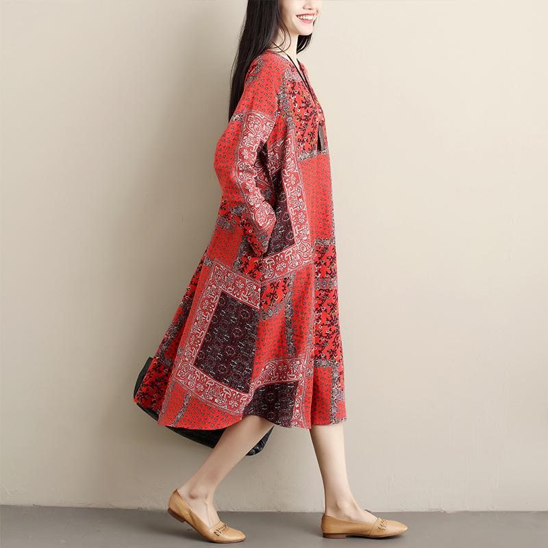 Robe Mi-longue En Lin Imprimé Printemps-automne Pour Femmes