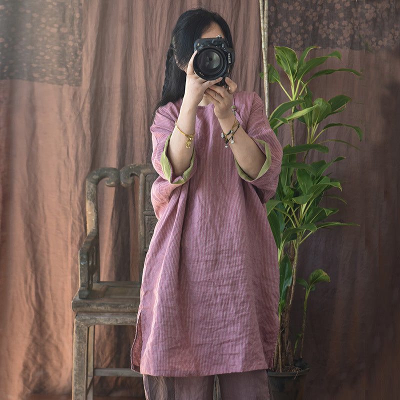 Robe Mi-longue En Lin Patchwork À Rayures Rétro D'été