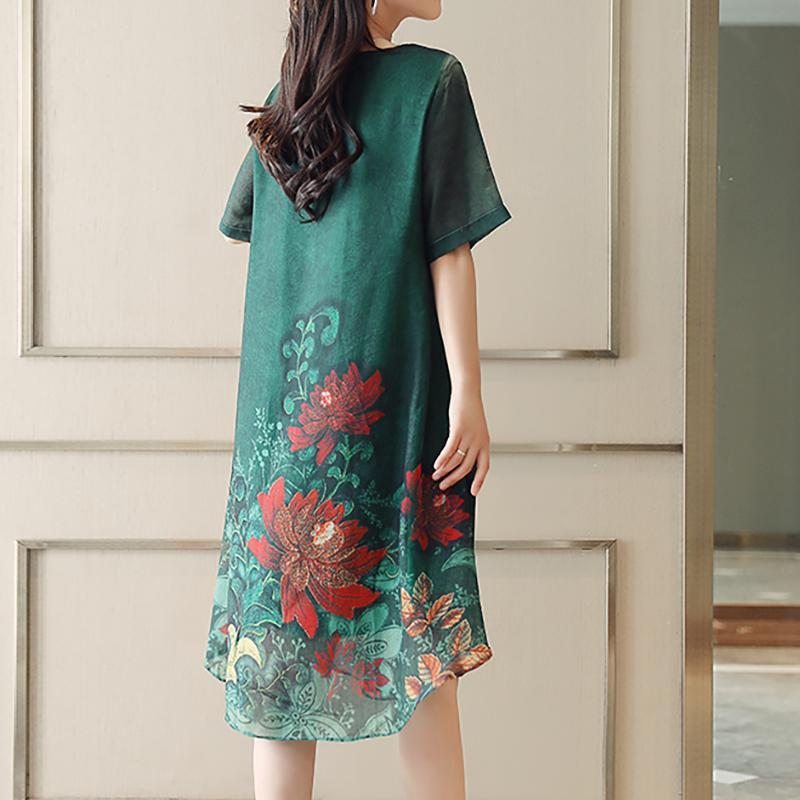 Robe Mi-longue À Manches Courtes À Fleurs Ethniques Pour Femmes