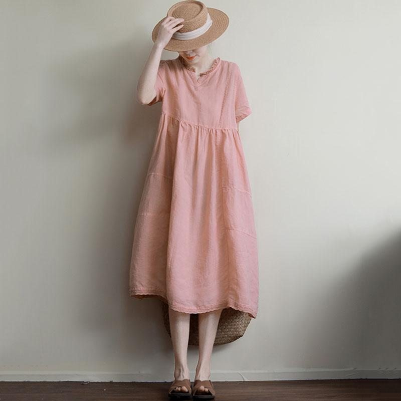 Robe Mi-longue À Manches Courtes En Lin En Bois Pour Femmes D'été Rétro