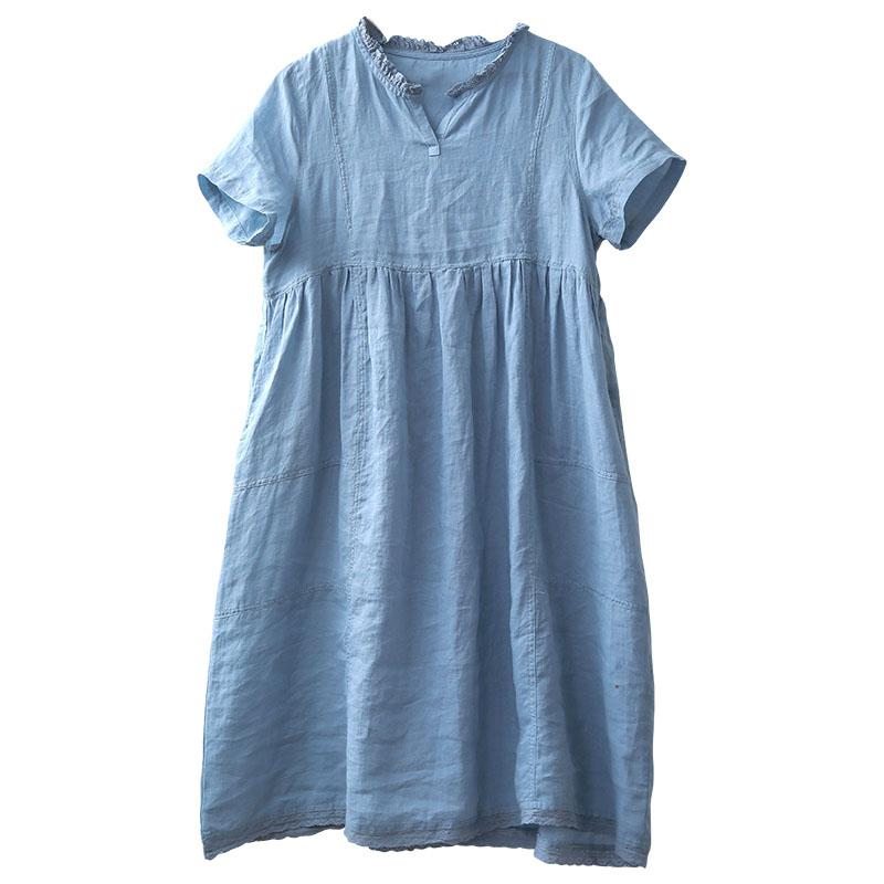 Robe Mi-longue À Manches Courtes En Lin En Bois Pour Femmes D'été Rétro