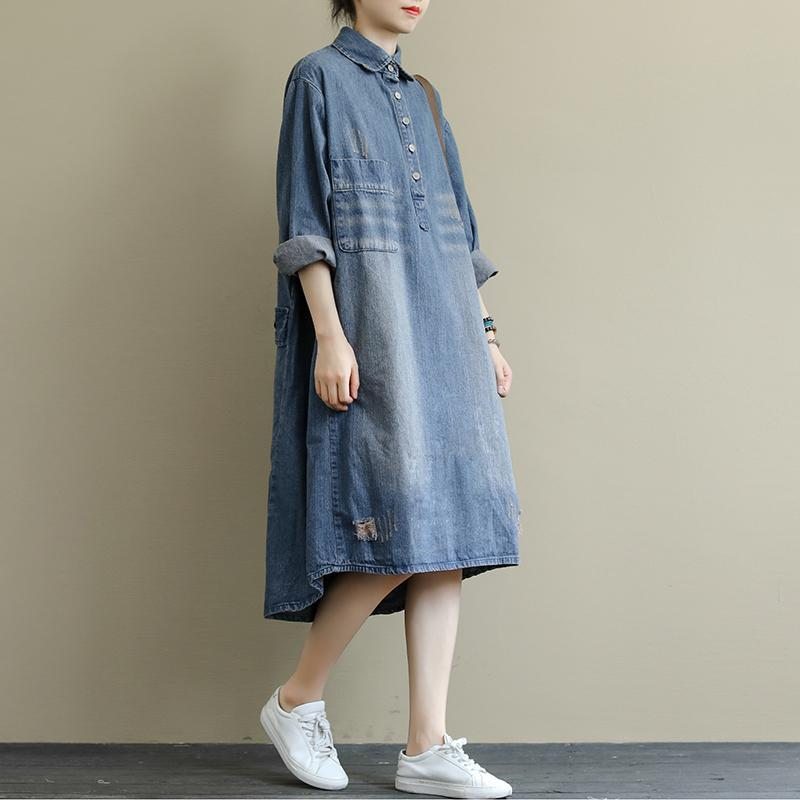 Robe Mi-longue Rétro En Denim Délavé