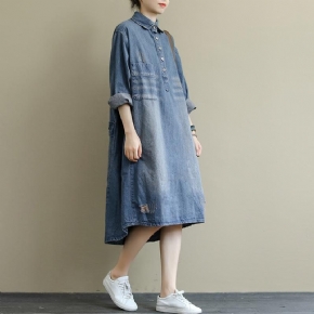 Robe Mi-longue Rétro En Denim Délavé