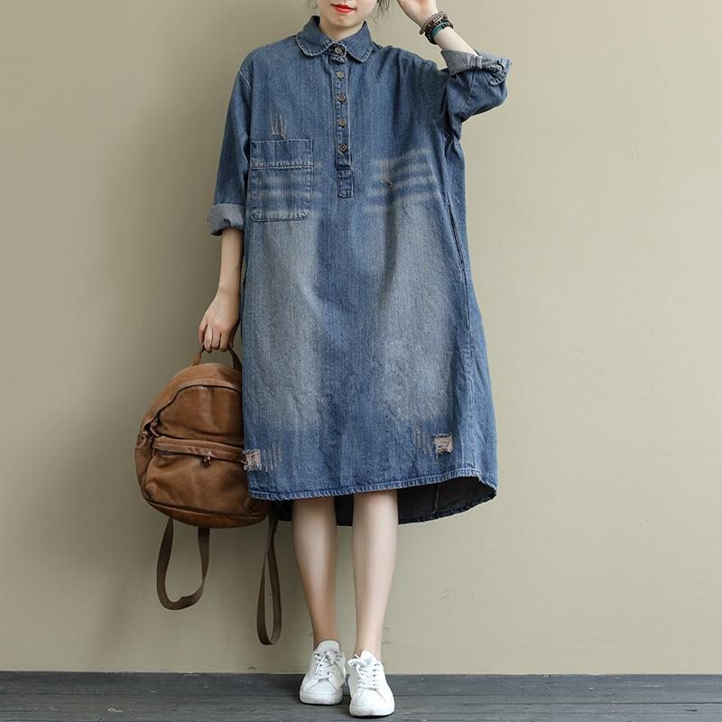 Robe Mi-longue Rétro En Denim Délavé