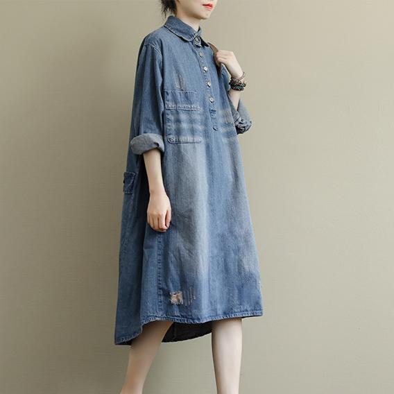 Robe Mi-longue Rétro En Denim Délavé