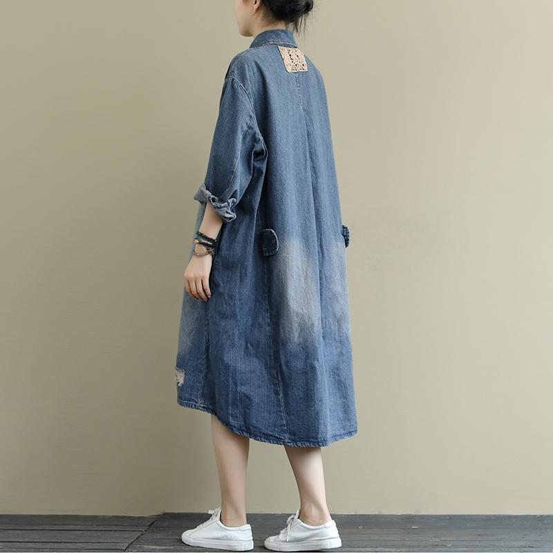 Robe Mi-longue Rétro En Denim Délavé