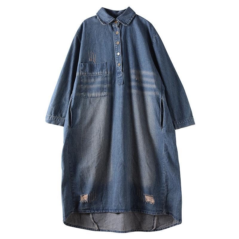 Robe Mi-longue Rétro En Denim Délavé