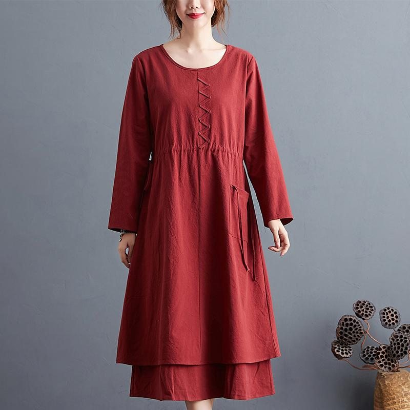 Robe Mi-longue Trapèze Automne Vintage En Coton Et Lin Grande Taille