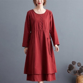 Robe Mi-longue Trapèze Automne Vintage En Coton Et Lin Grande Taille