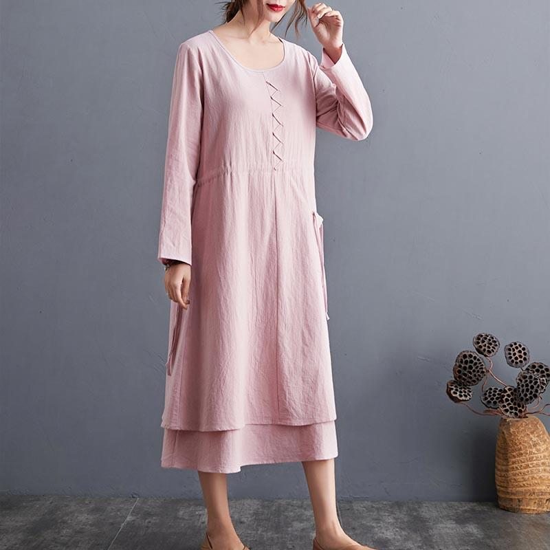 Robe Mi-longue Trapèze Automne Vintage En Coton Et Lin Grande Taille