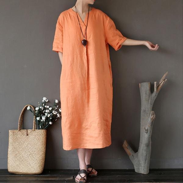 Robe Orange Décontractée En Lin Lâche Pour Femmes