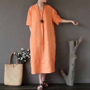 Robe Orange Décontractée En Lin Lâche Pour Femmes