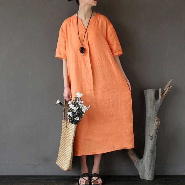 Robe Orange Décontractée En Lin Lâche Pour Femmes