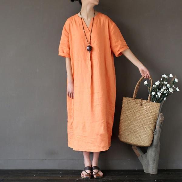 Robe Orange Décontractée En Lin Lâche Pour Femmes