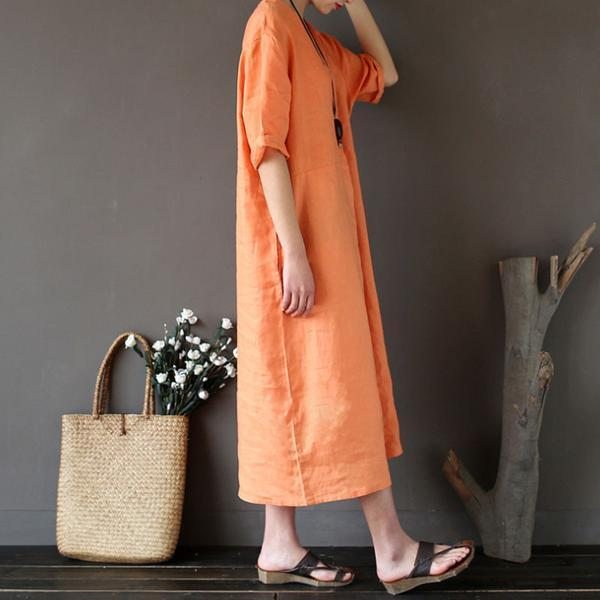 Robe Orange Décontractée En Lin Lâche Pour Femmes