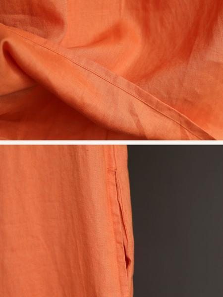 Robe Orange Décontractée En Lin Lâche Pour Femmes