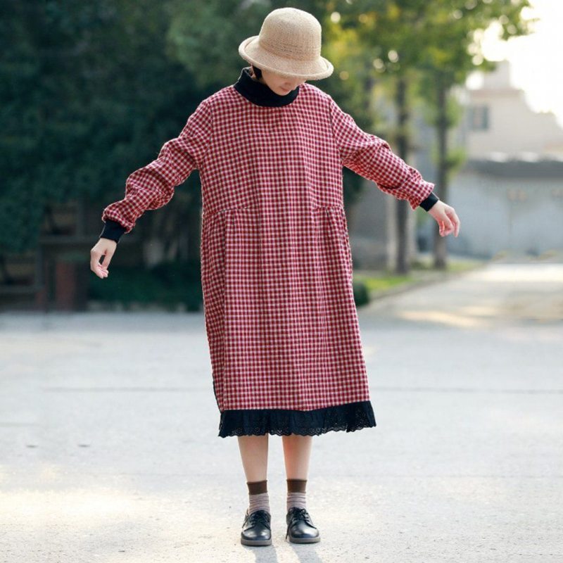 Robe En Peluche À Empiècements En Dentelle À Carreaux En Coton Et Lin