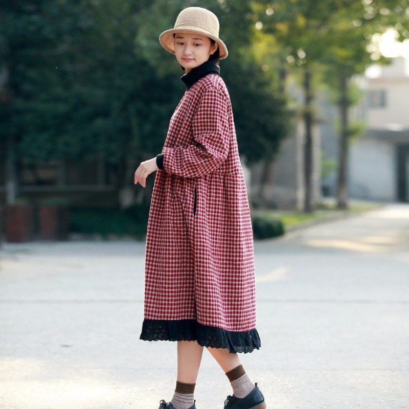 Robe En Peluche À Empiècements En Dentelle À Carreaux En Coton Et Lin