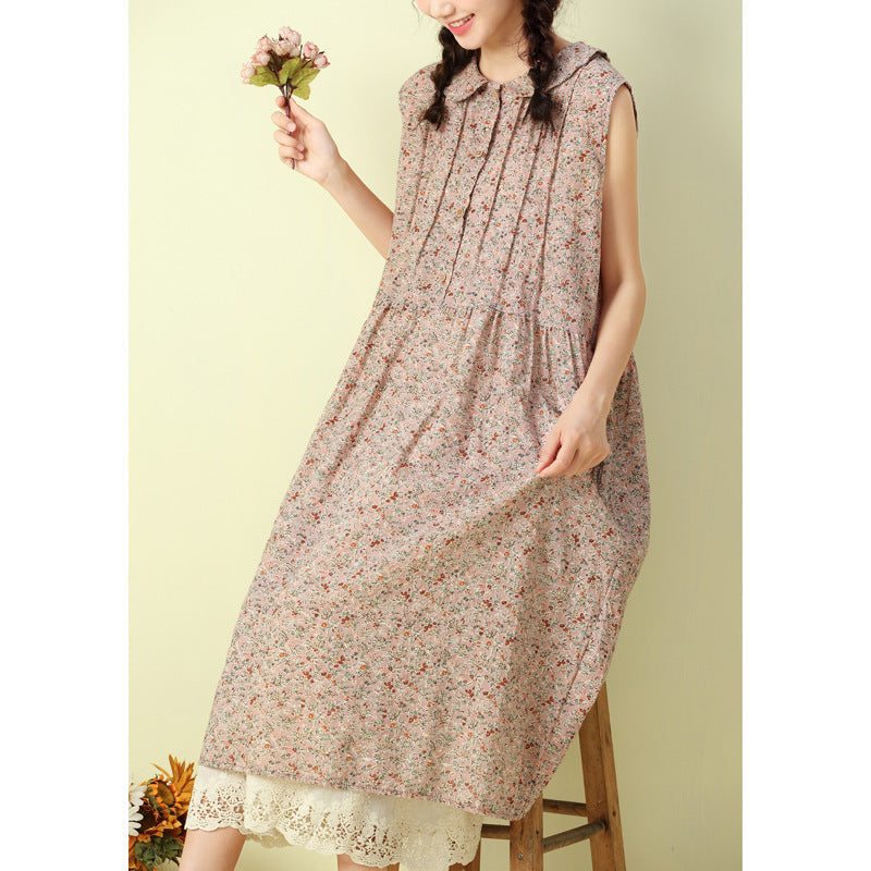 Robe Plissée Florale Sans Manches En Coton Et Lin D'été