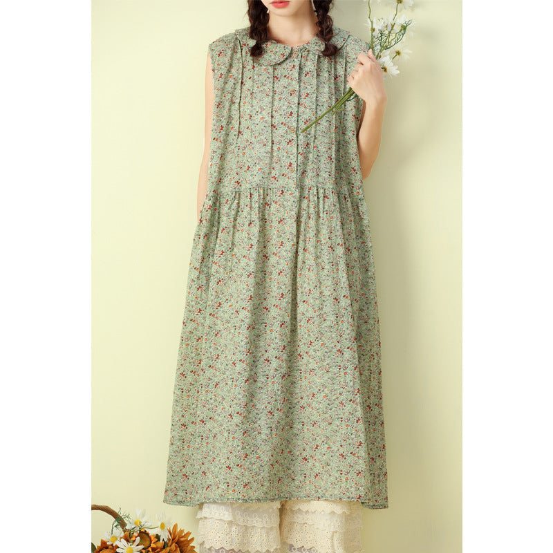 Robe Plissée Florale Sans Manches En Coton Et Lin D'été