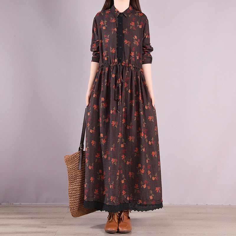 Robe De Printemps En Lin Et Coton À Col Polo Et Fleurs Rétro