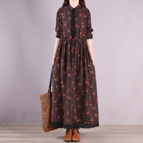 Robe De Printemps En Lin Et Coton À Col Polo Et Fleurs Rétro