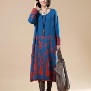 Robe Pull À Imprimé Rétro À Col Rond Et Grande Taille D'automne