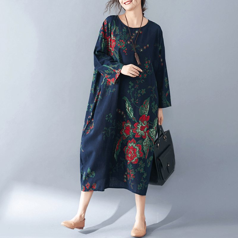 Robe Rétro À Manches Longues Imprimée Pour Femmes D'automne