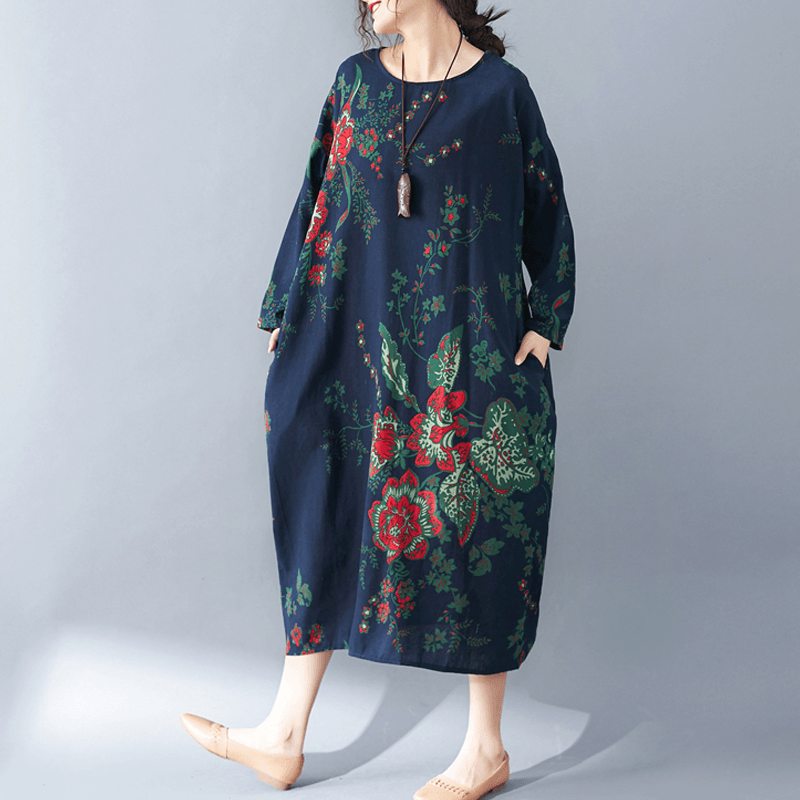 Robe Rétro À Manches Longues Imprimée Pour Femmes D'automne