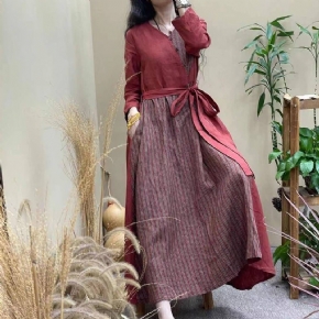 Robe Rouge En Coton Et Lin À Rayures Rétro Printanières