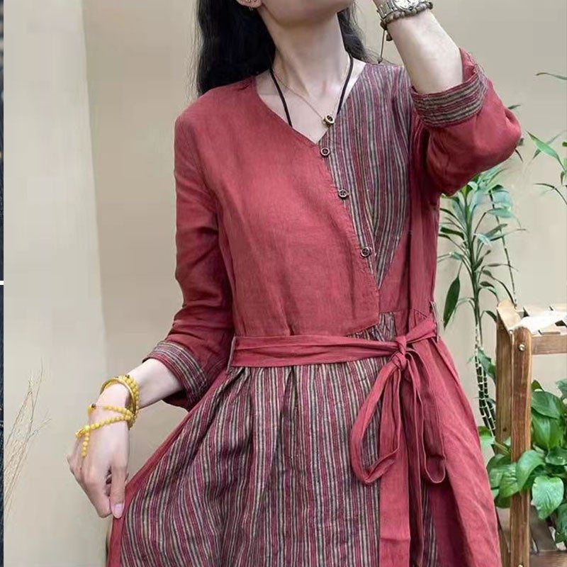 Robe Rouge En Coton Et Lin À Rayures Rétro Printanières