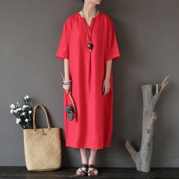 Robe Rouge Décontractée En Lin Lâche Pour Femme