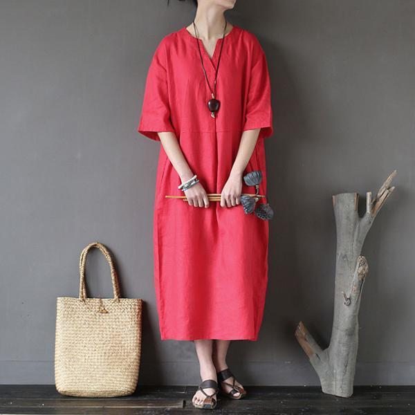 Robe Rouge Décontractée En Lin Lâche Pour Femme