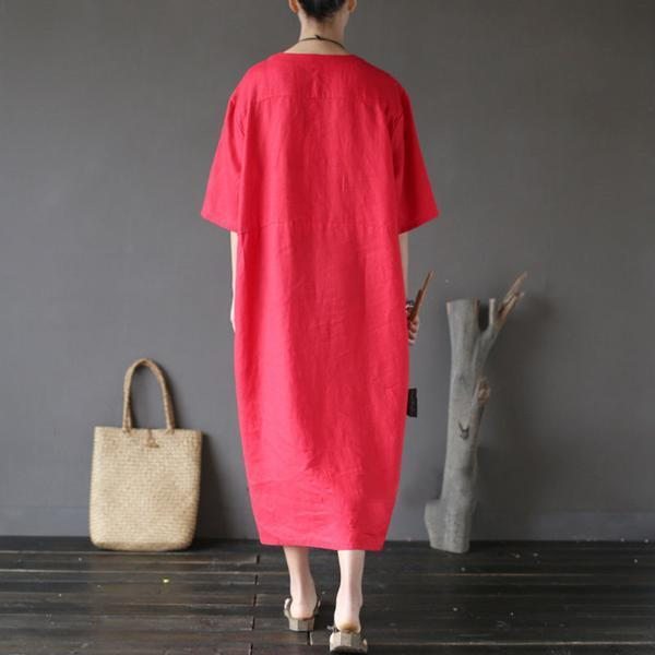 Robe Rouge Décontractée En Lin Lâche Pour Femme