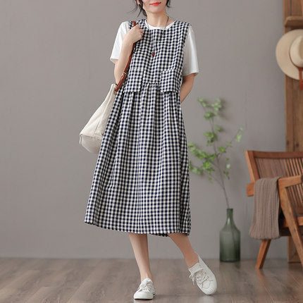 Robe Sans Manches À Carreaux En Coton Et Lin Rétro D'été