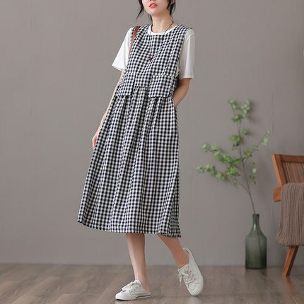 Robe Sans Manches À Carreaux En Coton Et Lin Rétro D'été