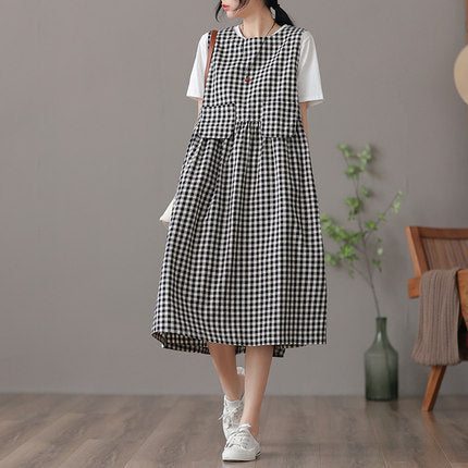 Robe Sans Manches À Carreaux En Coton Et Lin Rétro D'été