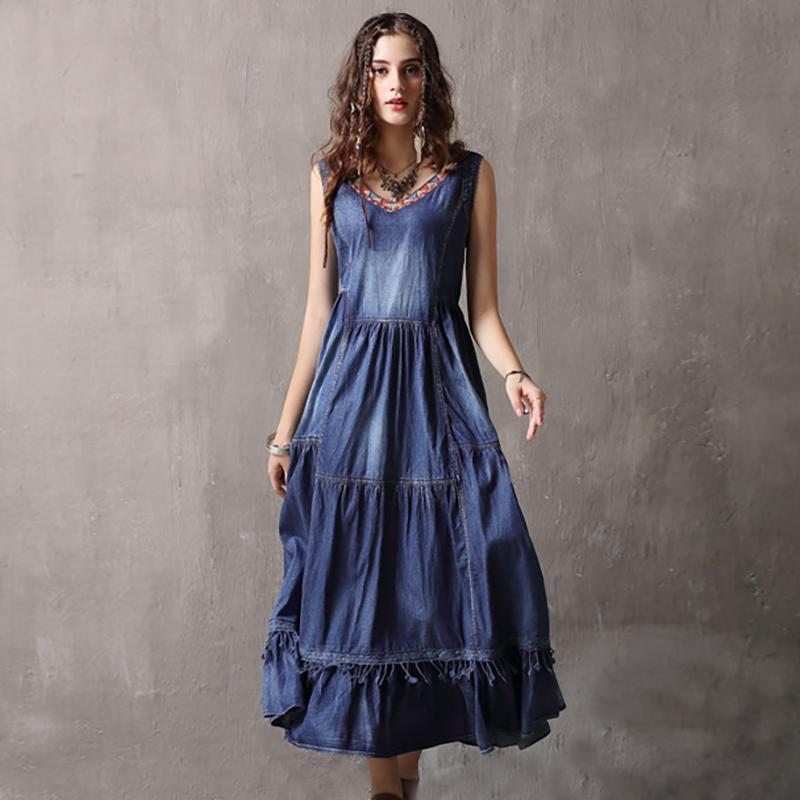 Robe Sans Manches En Denim De Couleur Unie