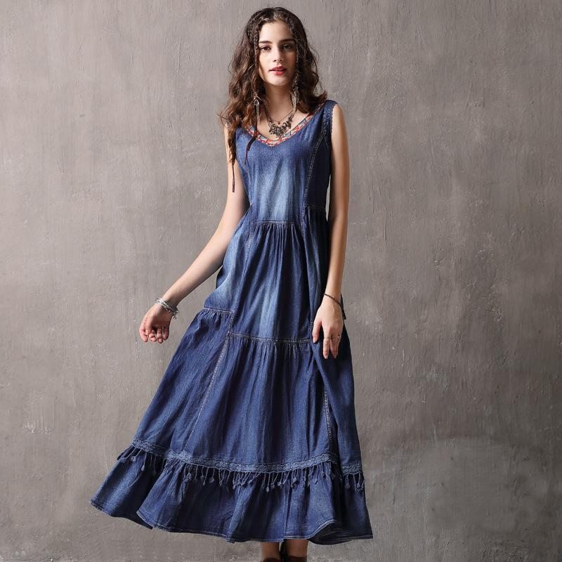 Robe Sans Manches En Denim De Couleur Unie