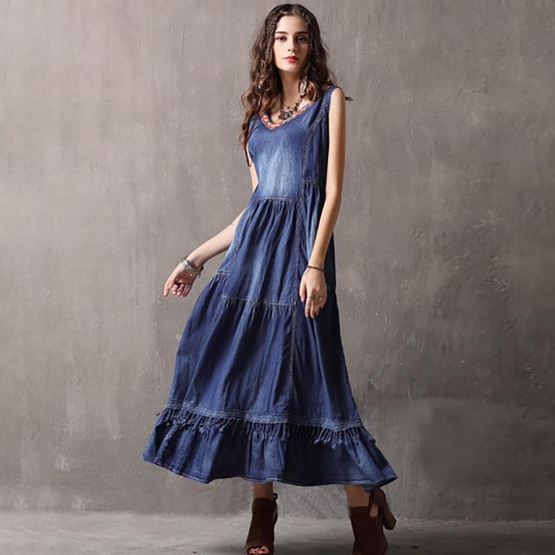 Robe Sans Manches En Denim De Couleur Unie