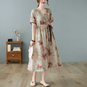 Robe Trapèze En Coton Et Lin À Fleurs Rétro Printemps-été