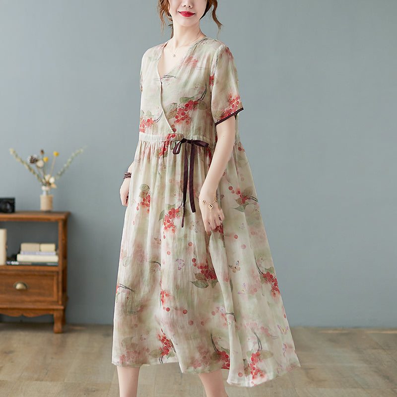 Robe Trapèze En Coton Et Lin À Fleurs Rétro Printemps-été