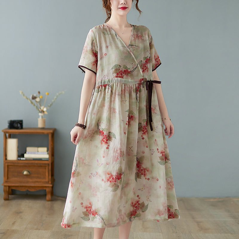 Robe Trapèze En Coton Et Lin À Fleurs Rétro Printemps-été