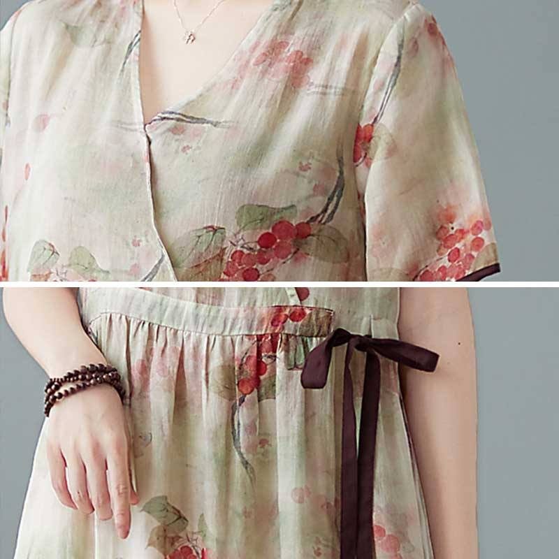 Robe Trapèze En Coton Et Lin À Fleurs Rétro Printemps-été