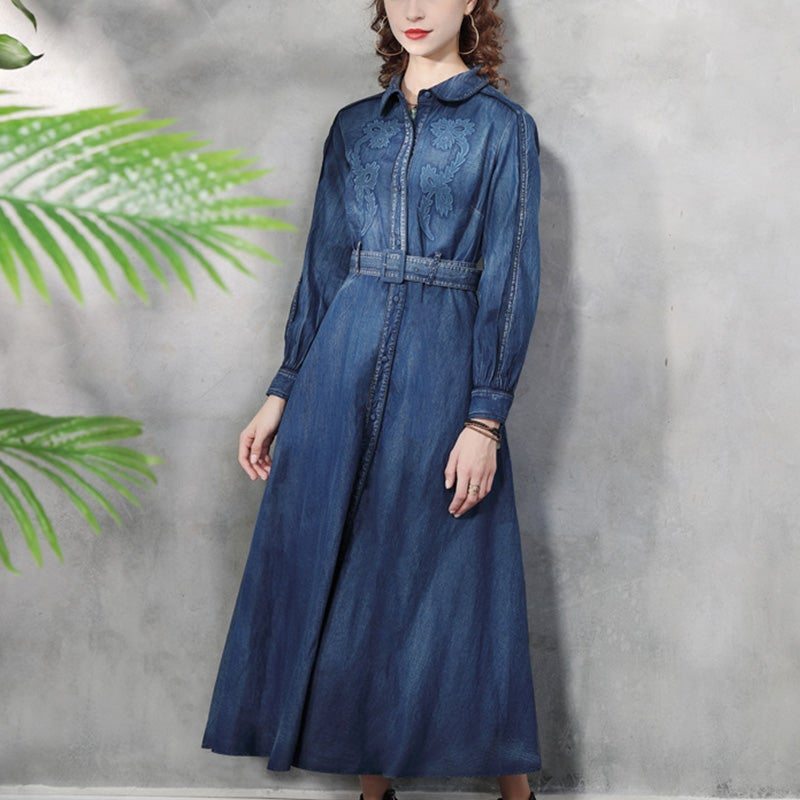 Robe Trapèze En Denim À Broderie Florale Rétro Printemps-automne