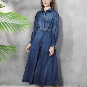 Robe Trapèze En Denim À Broderie Florale Rétro Printemps-automne