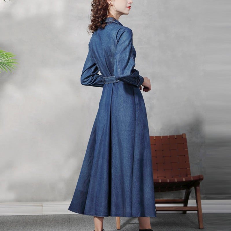 Robe Trapèze En Denim À Broderie Florale Rétro Printemps-automne