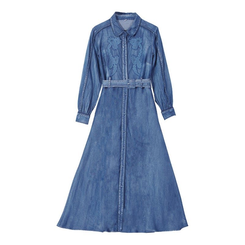 Robe Trapèze En Denim À Broderie Florale Rétro Printemps-automne