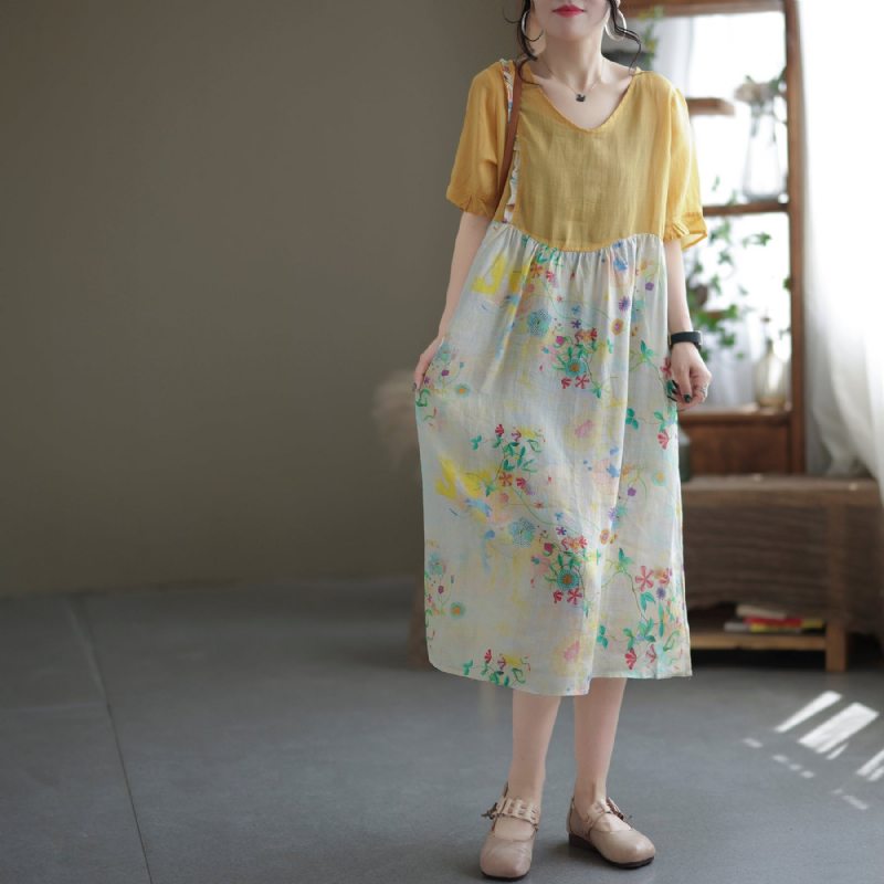 Robe Trapèze En Lin À Imprimé Floral Et Patchwork D'été